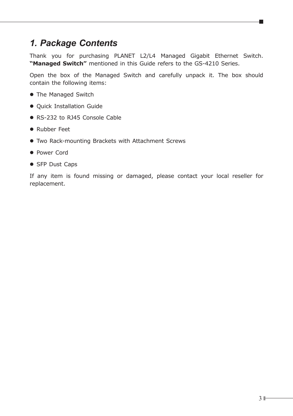Package contents | PLANET GS-4210-24P4C User Manual | Page 3 / 16