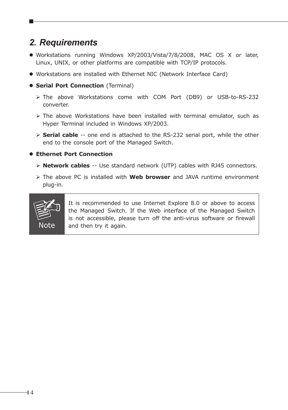 Requirements | PLANET GS-4210-24P4C User Manual | Page 4 / 16