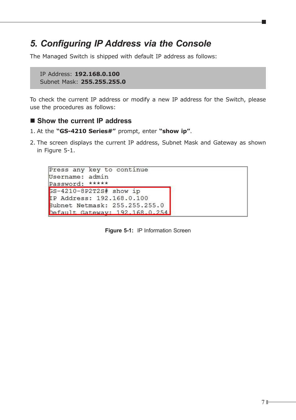 Configuring ip address via the console | PLANET GS-4210-24P4C User Manual | Page 7 / 16