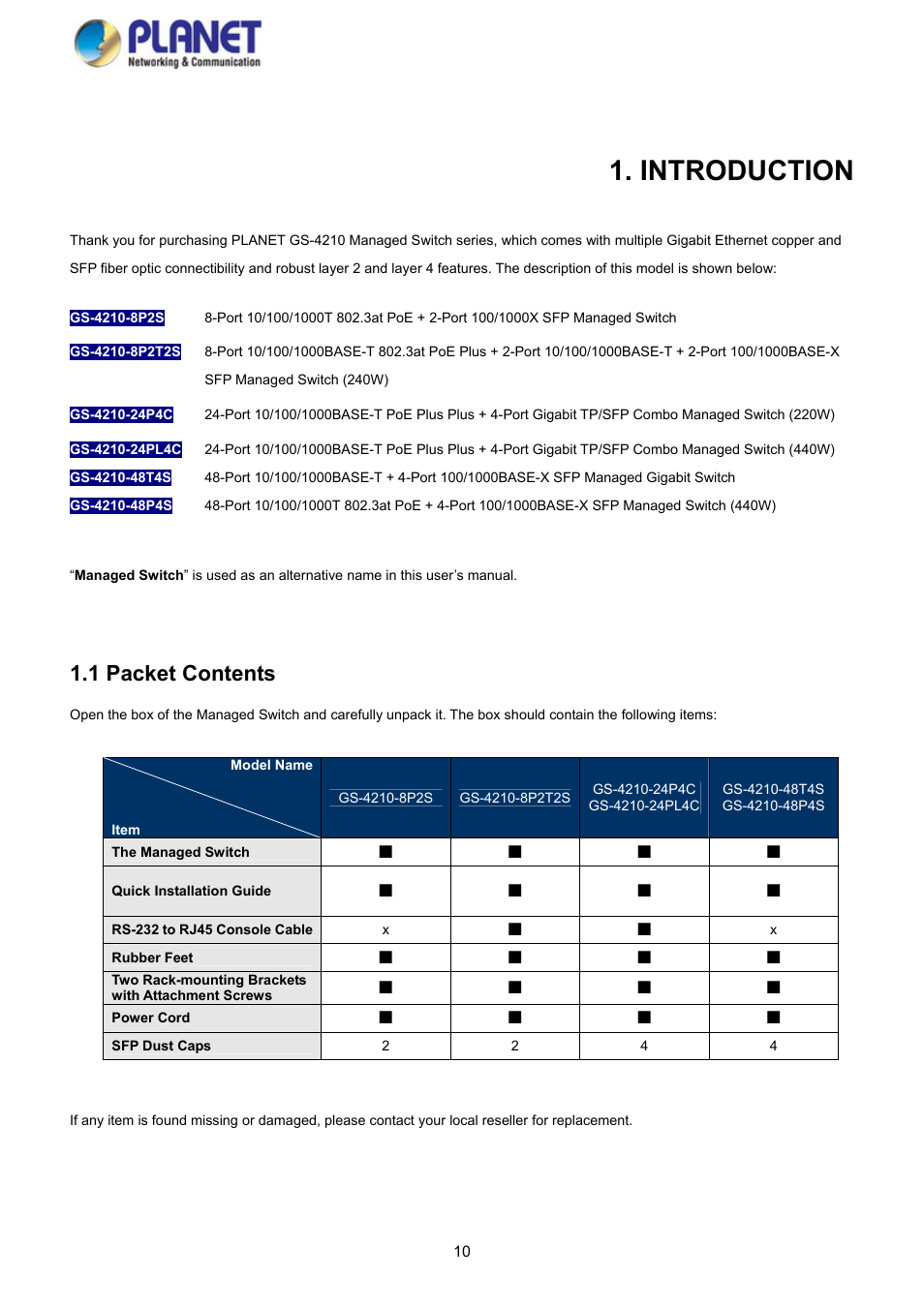 Introduction, 1 packet contents | PLANET GS-4210-8P2S User Manual | Page 10 / 353
