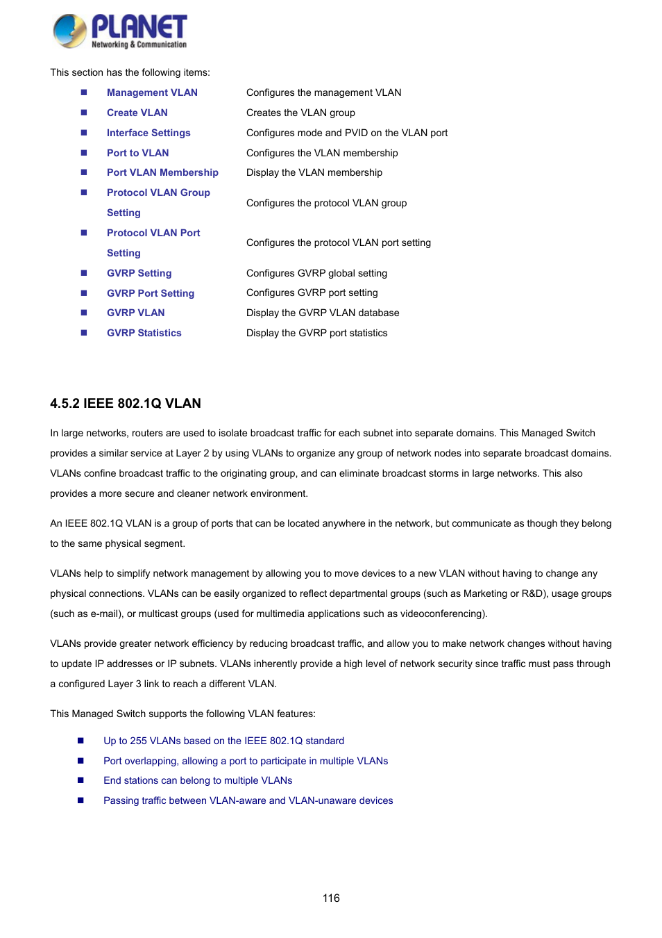 2 ieee 802.1q vlan | PLANET GS-4210-8P2S User Manual | Page 116 / 353