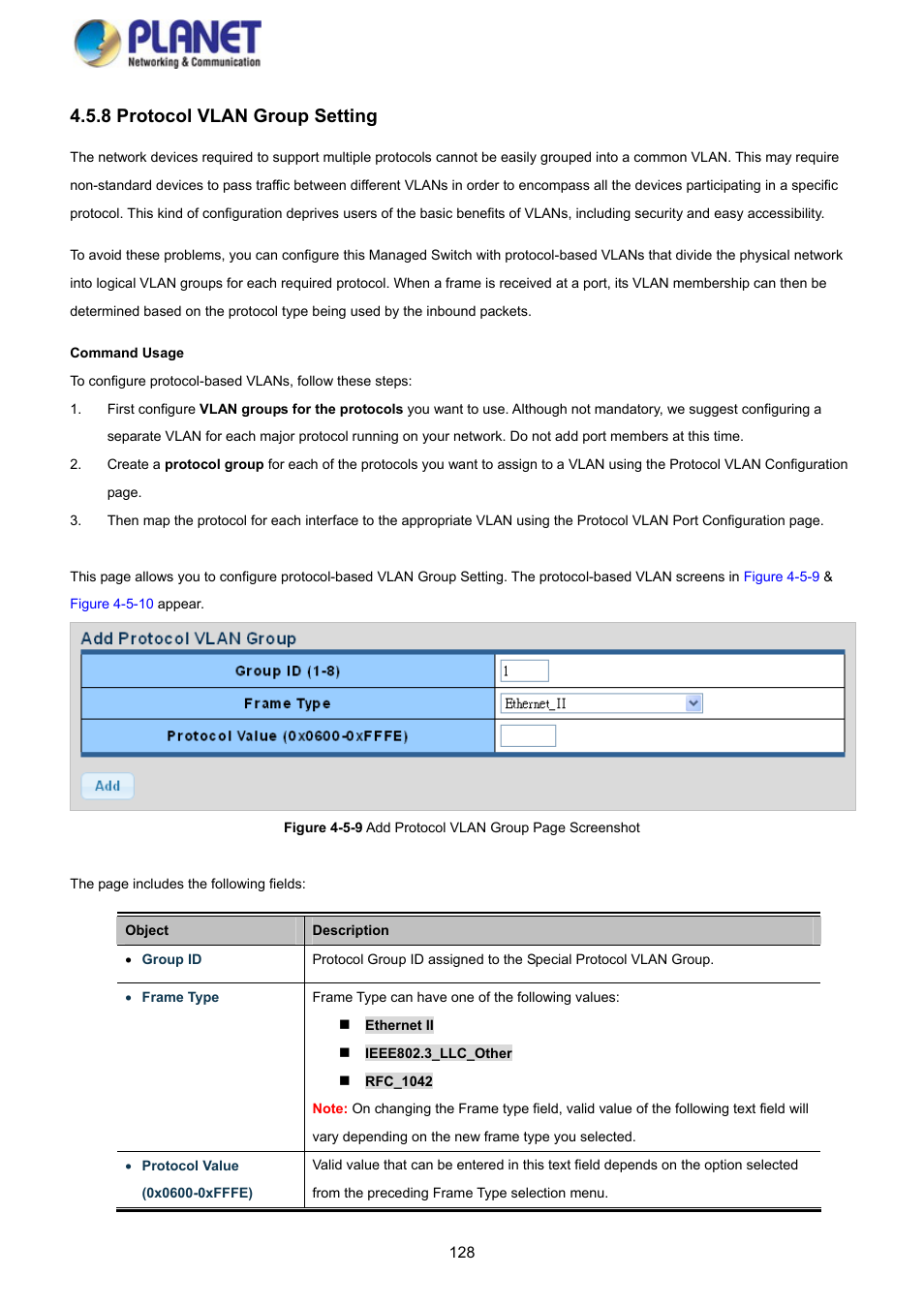 8 protocol vlan group setting | PLANET GS-4210-8P2S User Manual | Page 128 / 353