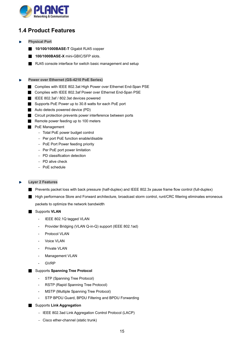 4 product features | PLANET GS-4210-8P2S User Manual | Page 15 / 353