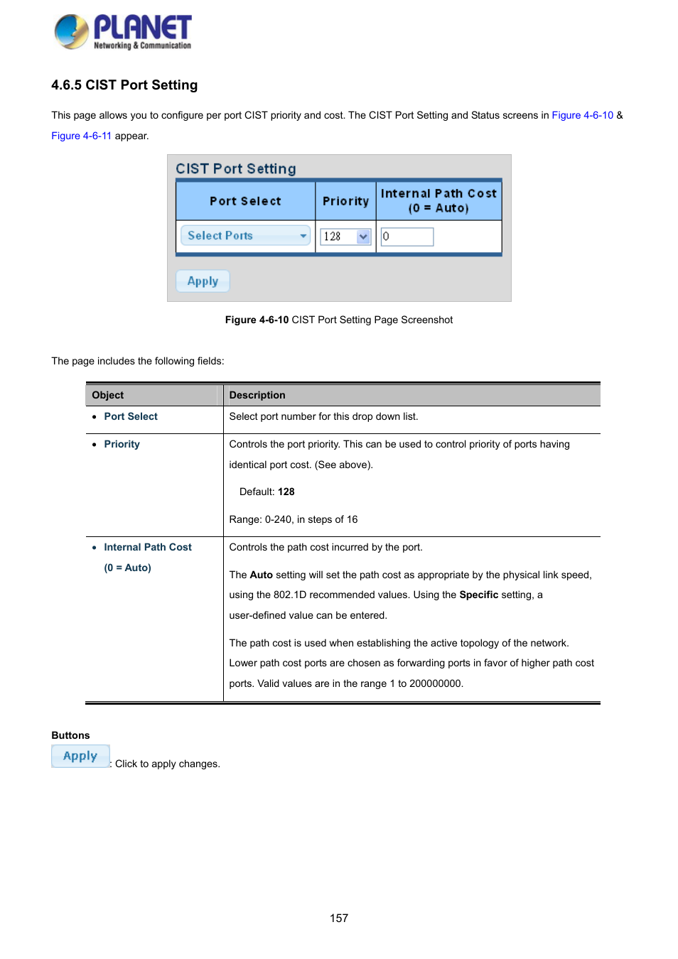 5 cist port setting | PLANET GS-4210-8P2S User Manual | Page 157 / 353