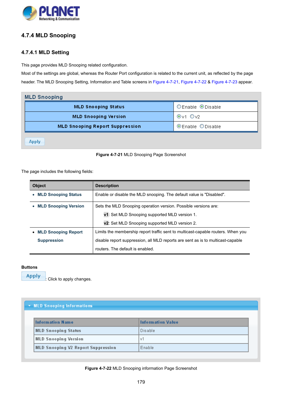 4 mld snooping, 1 mld setting | PLANET GS-4210-8P2S User Manual | Page 179 / 353