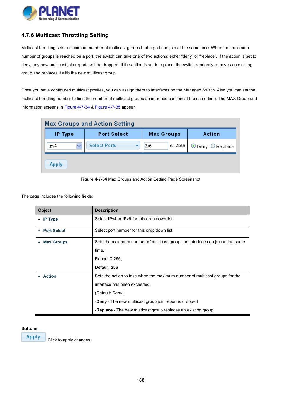 6 multicast throttling setting | PLANET GS-4210-8P2S User Manual | Page 188 / 353