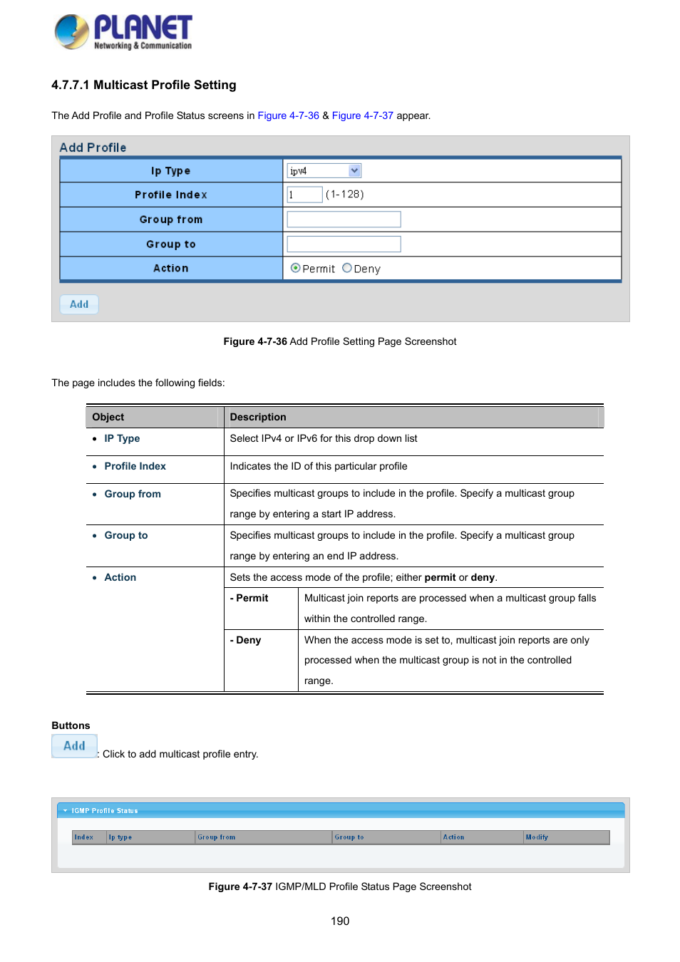 1 multicast profile setting | PLANET GS-4210-8P2S User Manual | Page 190 / 353