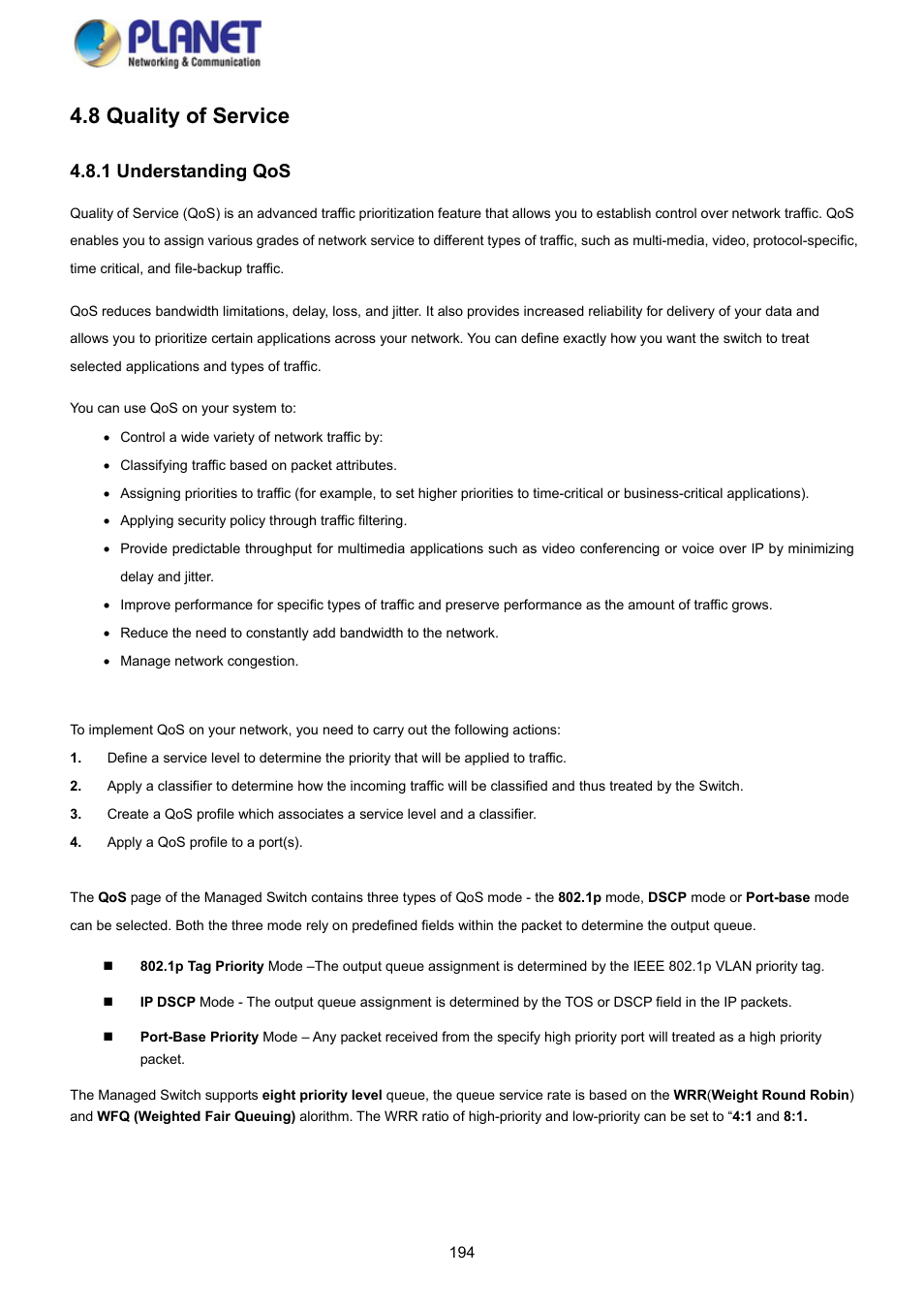 8 quality of service, 1 understanding qos | PLANET GS-4210-8P2S User Manual | Page 194 / 353