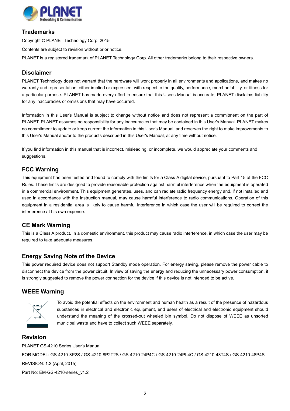 PLANET GS-4210-8P2S User Manual | Page 2 / 353