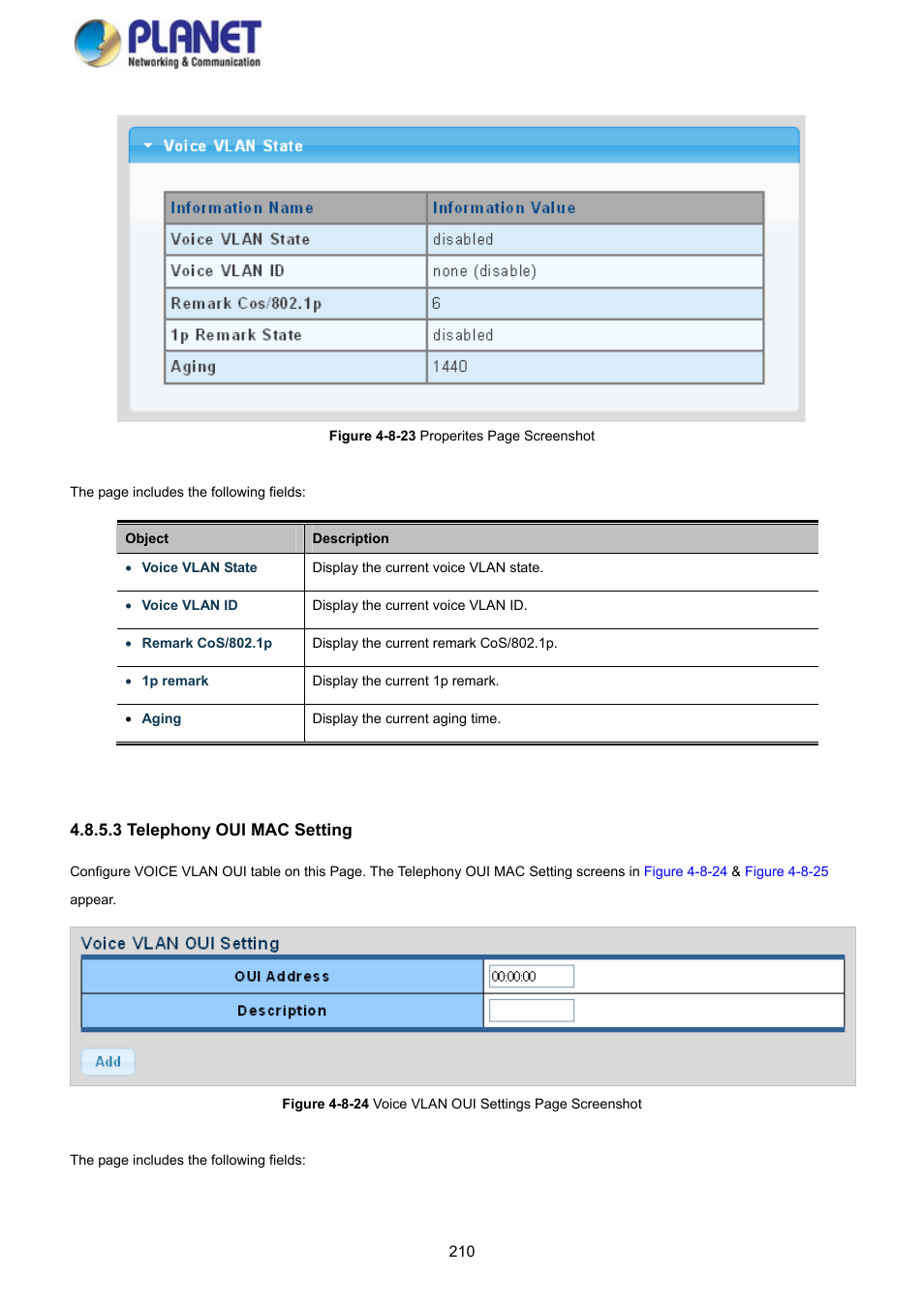 3 telephony oui mac setting | PLANET GS-4210-8P2S User Manual | Page 210 / 353