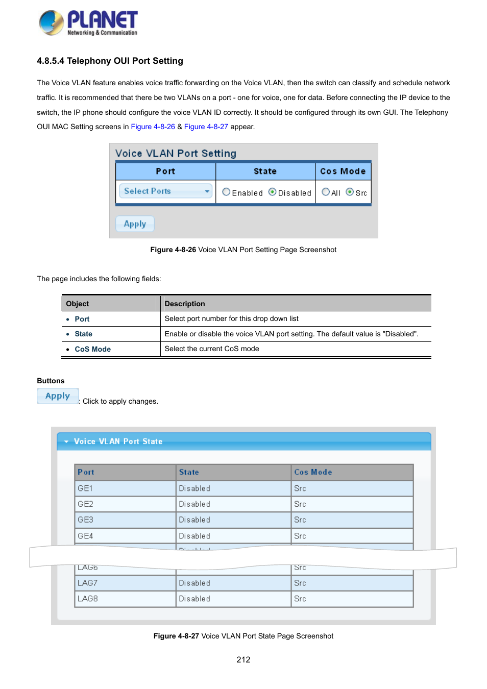 4 telephony oui port setting | PLANET GS-4210-8P2S User Manual | Page 212 / 353