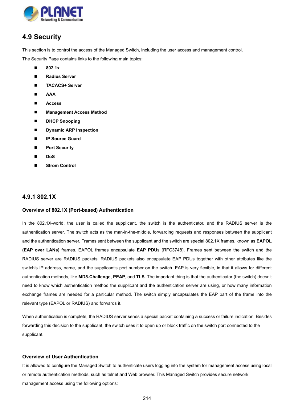9 security, 1 802.1x | PLANET GS-4210-8P2S User Manual | Page 214 / 353