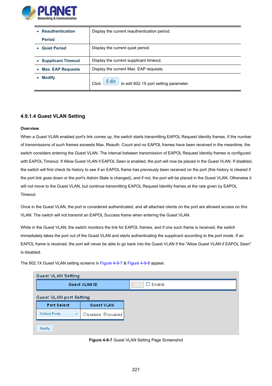 4 guest vlan setting | PLANET GS-4210-8P2S User Manual | Page 221 / 353