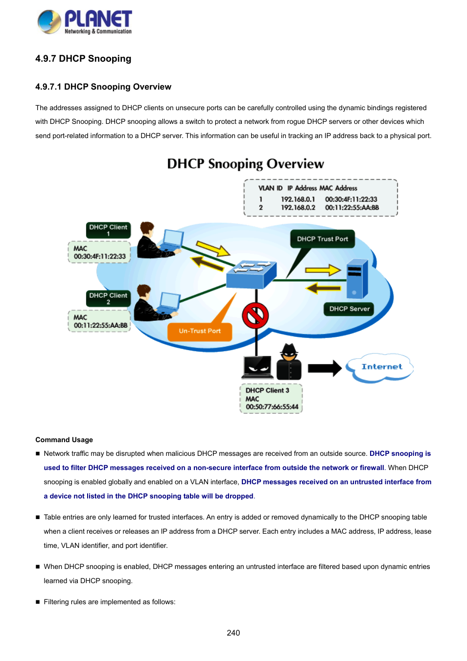 7 dhcp snooping, 1 dhcp snooping overview | PLANET GS-4210-8P2S User Manual | Page 240 / 353