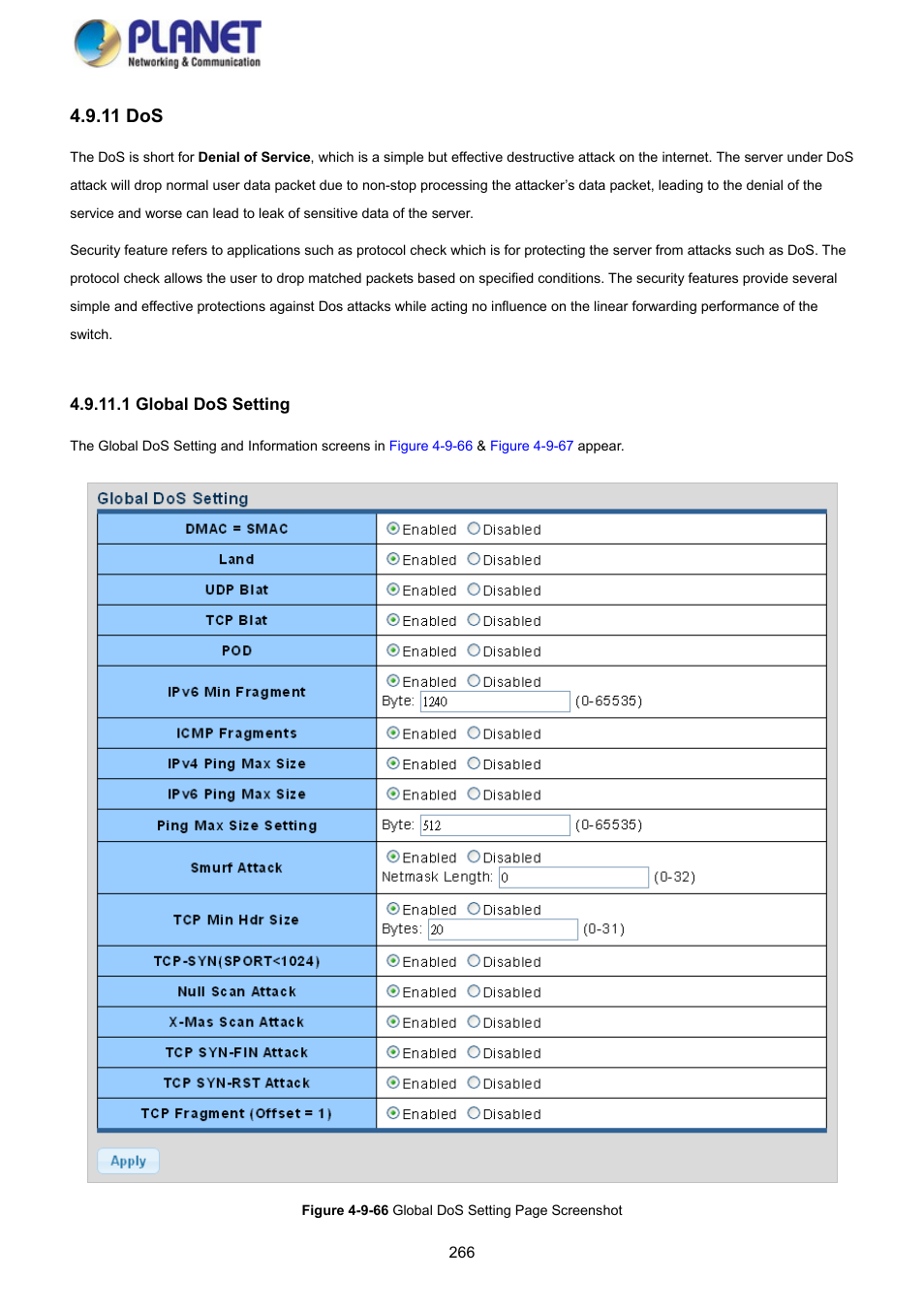 11 dos, 1 global dos setting | PLANET GS-4210-8P2S User Manual | Page 266 / 353