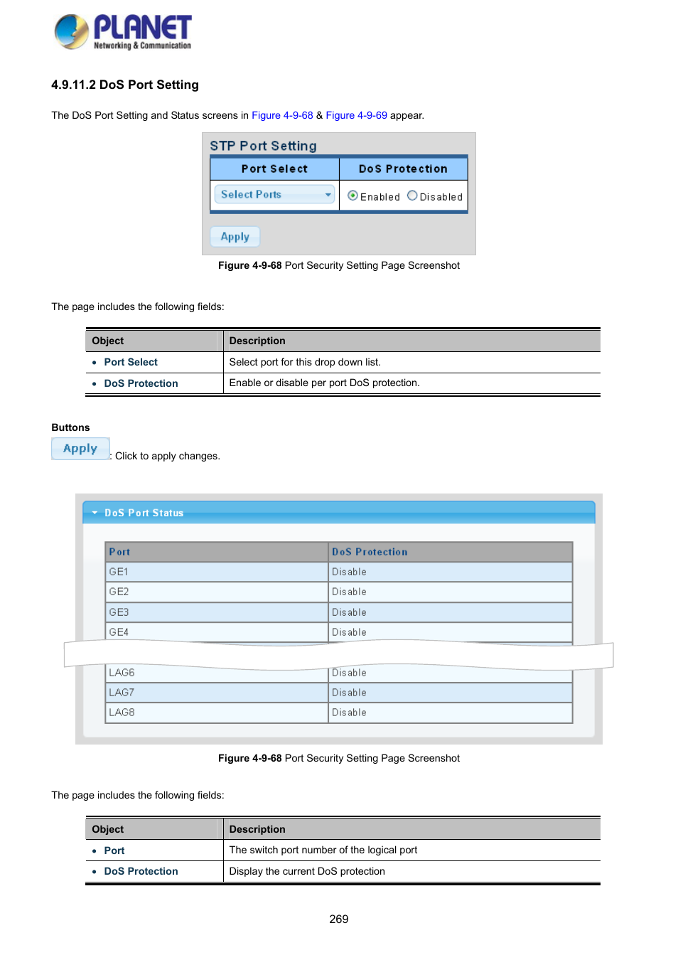 2 dos port setting | PLANET GS-4210-8P2S User Manual | Page 269 / 353