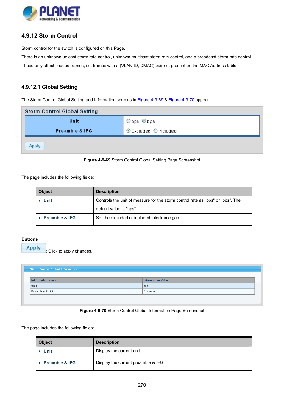 12 storm control, 1 global setting | PLANET GS-4210-8P2S User Manual | Page 270 / 353