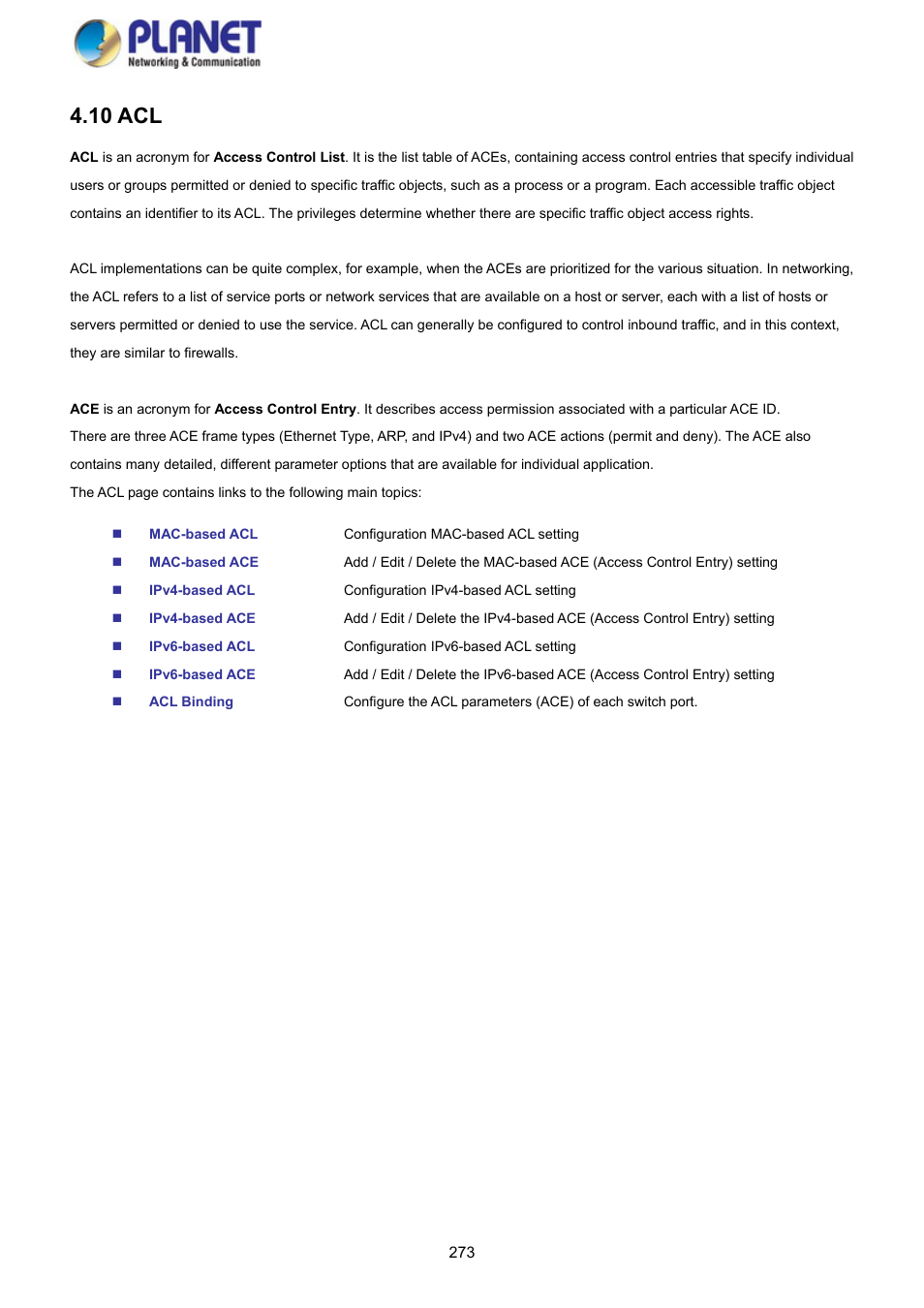 10 acl | PLANET GS-4210-8P2S User Manual | Page 273 / 353