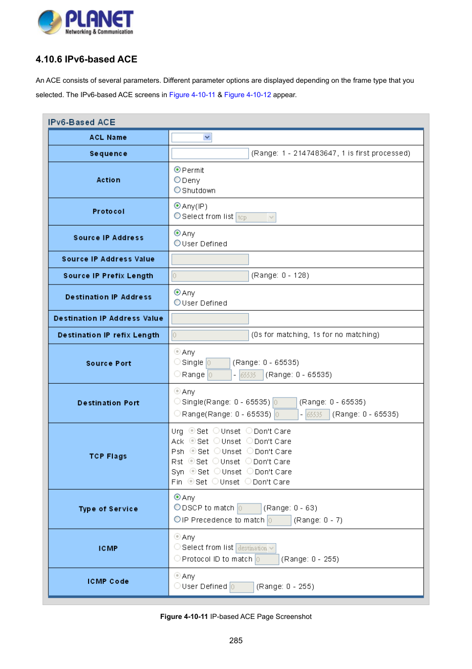 6 ipv6-based ace | PLANET GS-4210-8P2S User Manual | Page 285 / 353