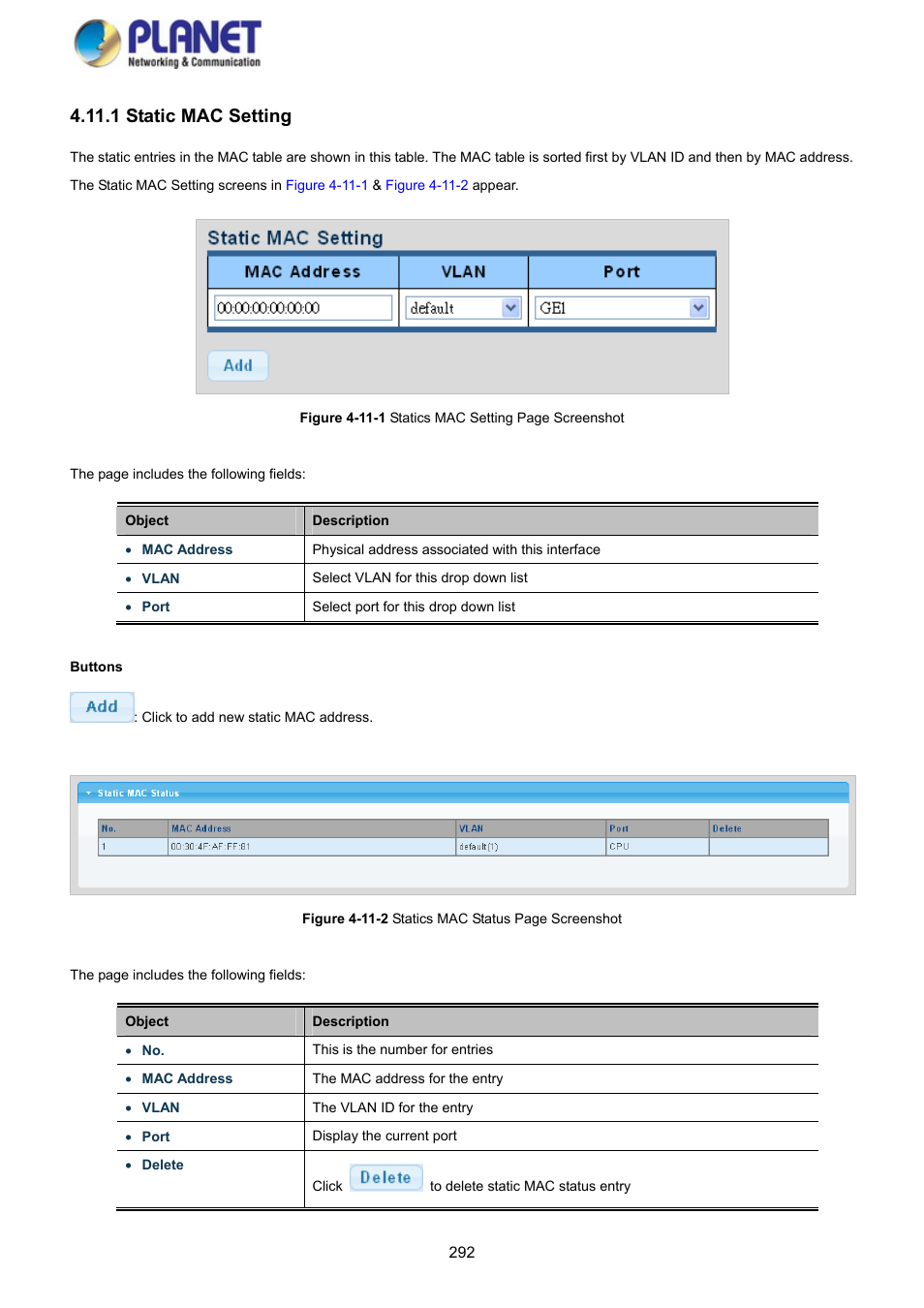 1 static mac setting | PLANET GS-4210-8P2S User Manual | Page 292 / 353