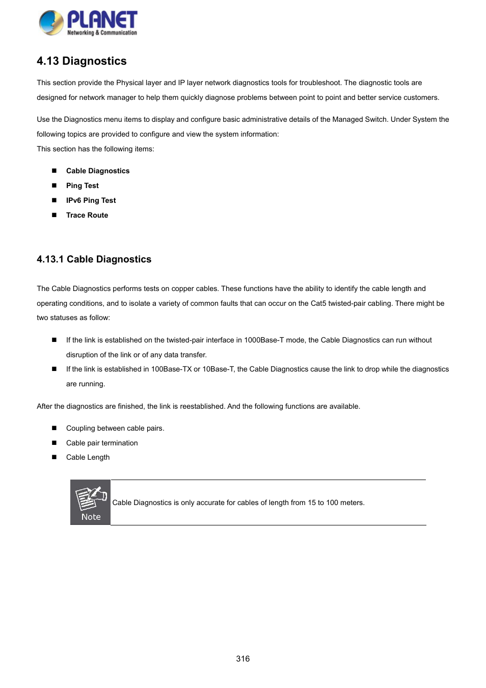 13 diagnostics, 1 cable diagnostics | PLANET GS-4210-8P2S User Manual | Page 316 / 353