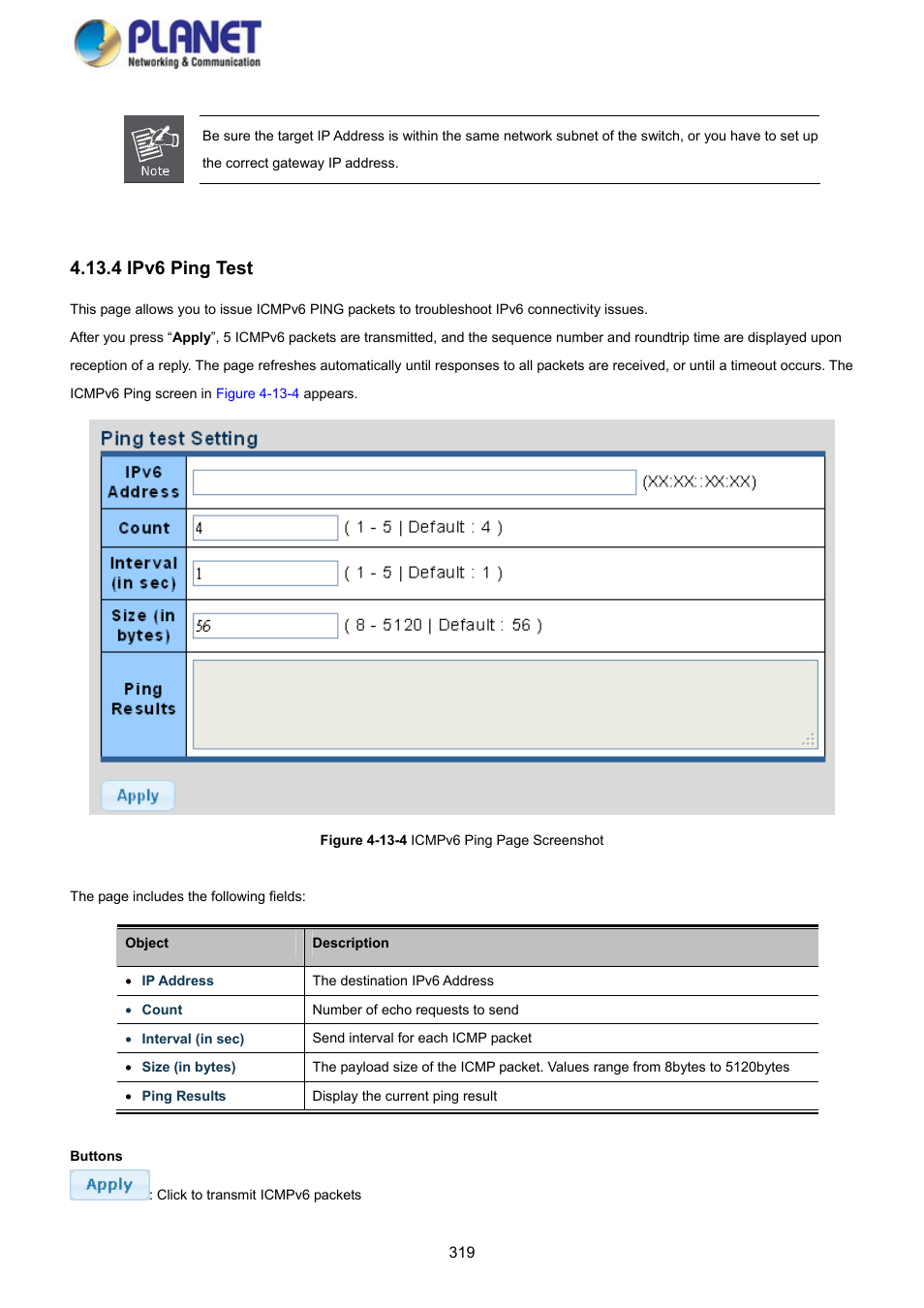 4 ipv6 ping test | PLANET GS-4210-8P2S User Manual | Page 319 / 353