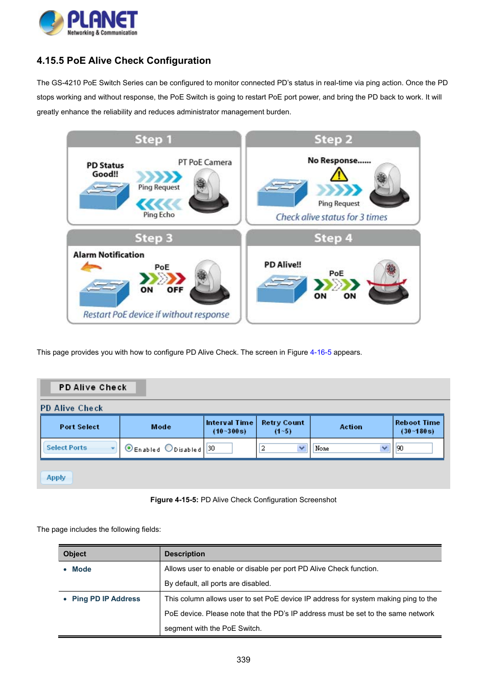 5 poe alive check configuration | PLANET GS-4210-8P2S User Manual | Page 339 / 353