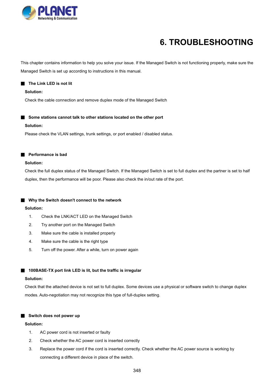 Troubleshooting | PLANET GS-4210-8P2S User Manual | Page 348 / 353