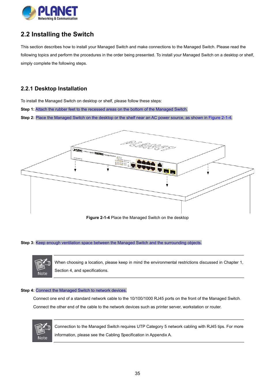 2 installing the switch, 1 desktop installation | PLANET GS-4210-8P2S User Manual | Page 35 / 353