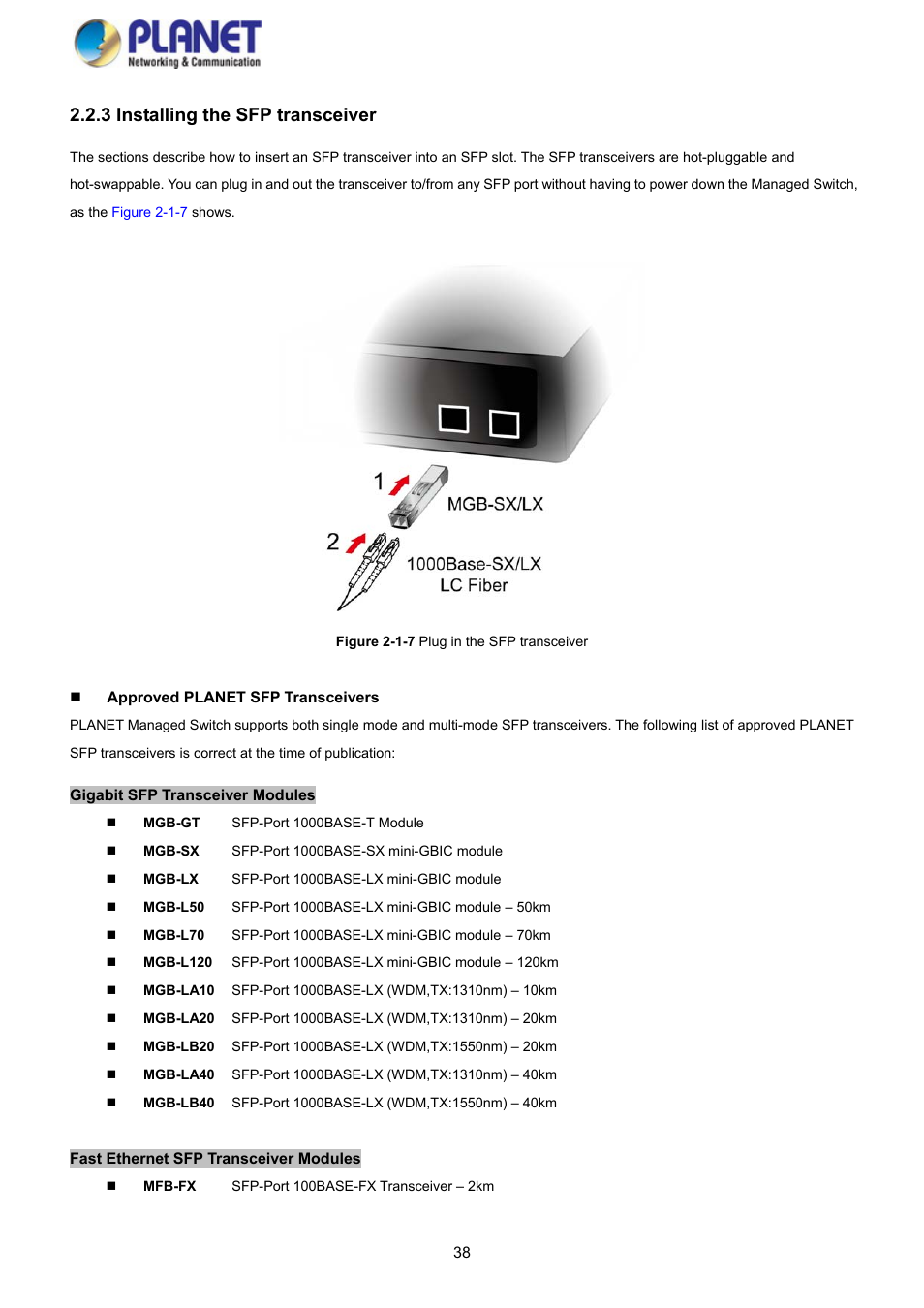 3 installing the sfp transceiver | PLANET GS-4210-8P2S User Manual | Page 38 / 353