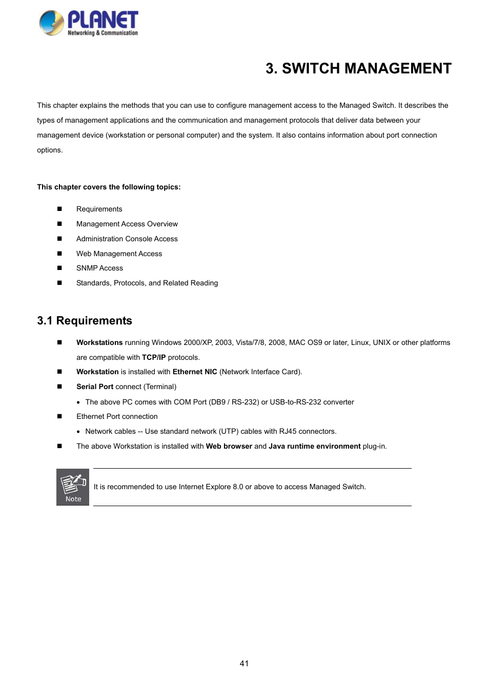 Switch management, 1 requirements | PLANET GS-4210-8P2S User Manual | Page 41 / 353