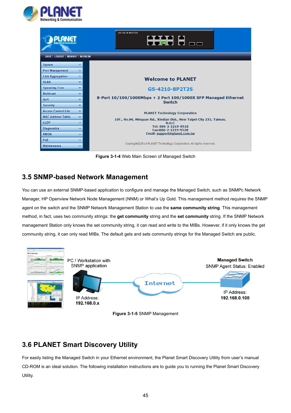 5 snmp-based network management, 6 planet smart discovery utility | PLANET GS-4210-8P2S User Manual | Page 45 / 353