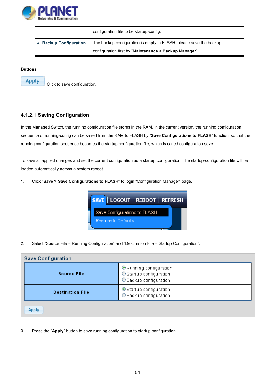 1 saving configuration | PLANET GS-4210-8P2S User Manual | Page 54 / 353
