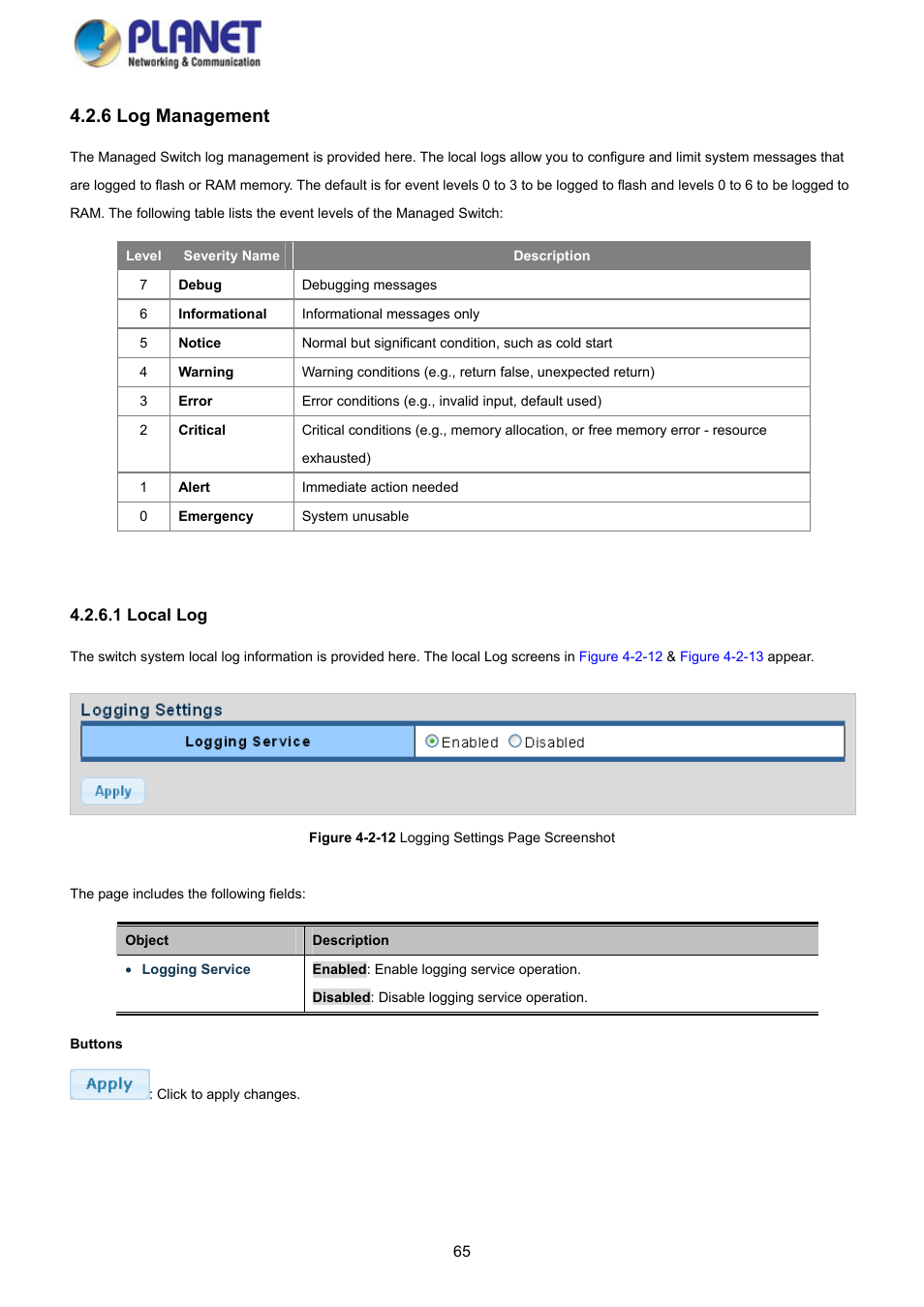 6 log management, 1 local log | PLANET GS-4210-8P2S User Manual | Page 65 / 353