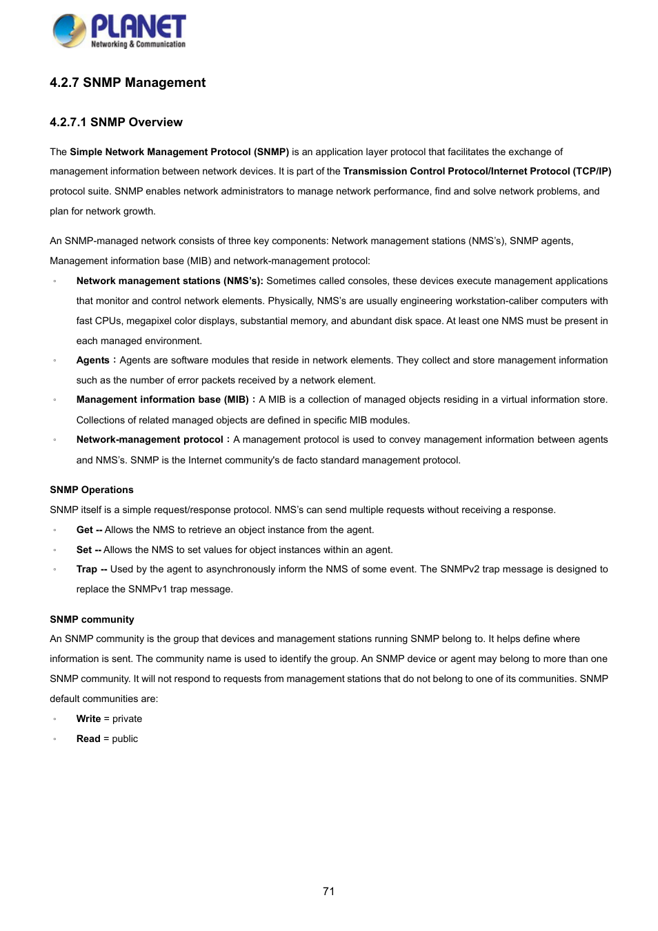 7 snmp management, 1 snmp overview | PLANET GS-4210-8P2S User Manual | Page 71 / 353