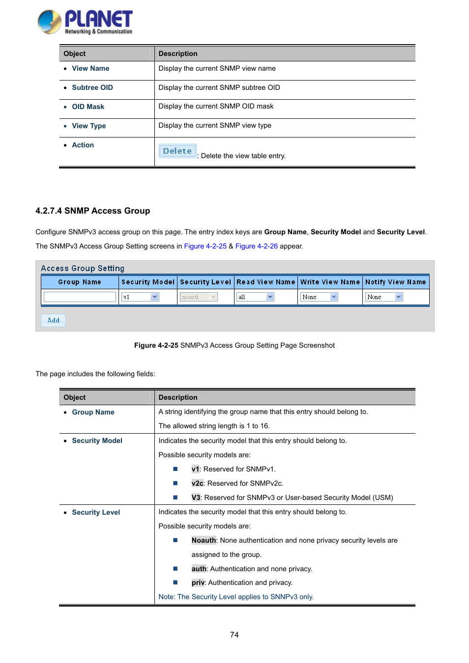 4 snmp access group | PLANET GS-4210-8P2S User Manual | Page 74 / 353