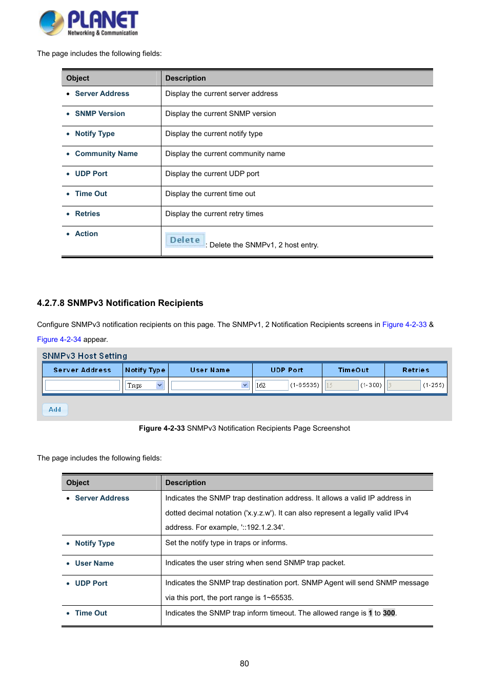 8 snmpv3 notification recipients | PLANET GS-4210-8P2S User Manual | Page 80 / 353