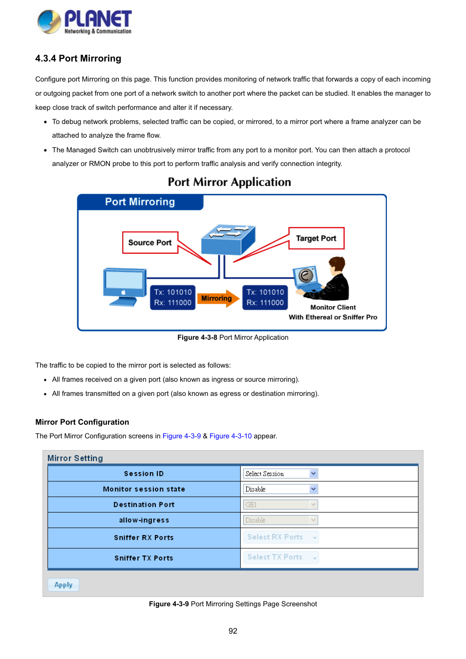 4 port mirroring | PLANET GS-4210-8P2S User Manual | Page 92 / 353