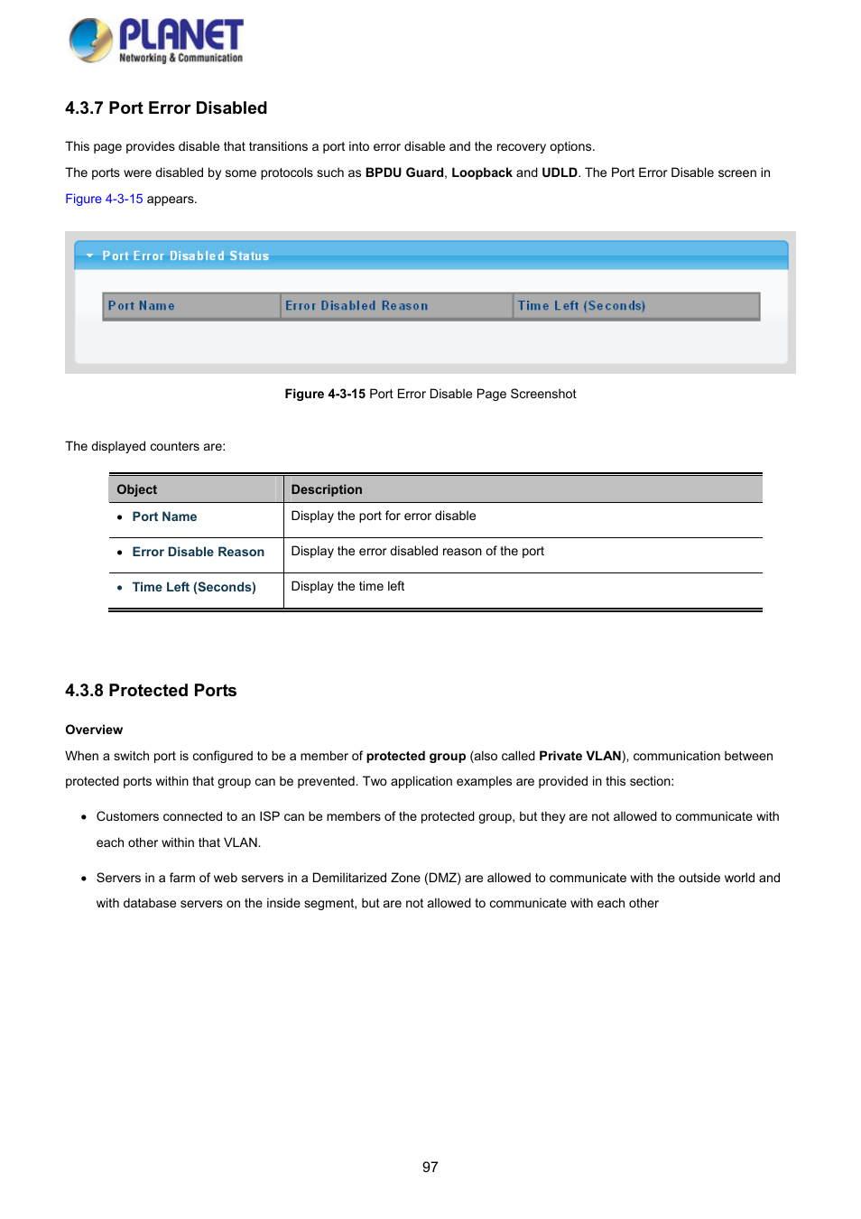 7 port error disabled, 8 protected ports | PLANET GS-4210-8P2S User Manual | Page 97 / 353