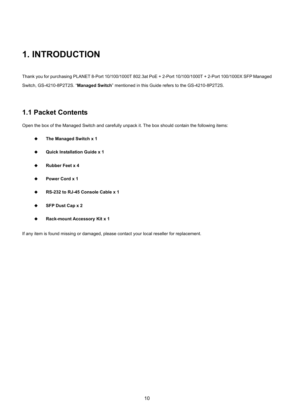 Introduction, 1 packet contents | PLANET GS-4210-8P2T2S User Manual | Page 10 / 331