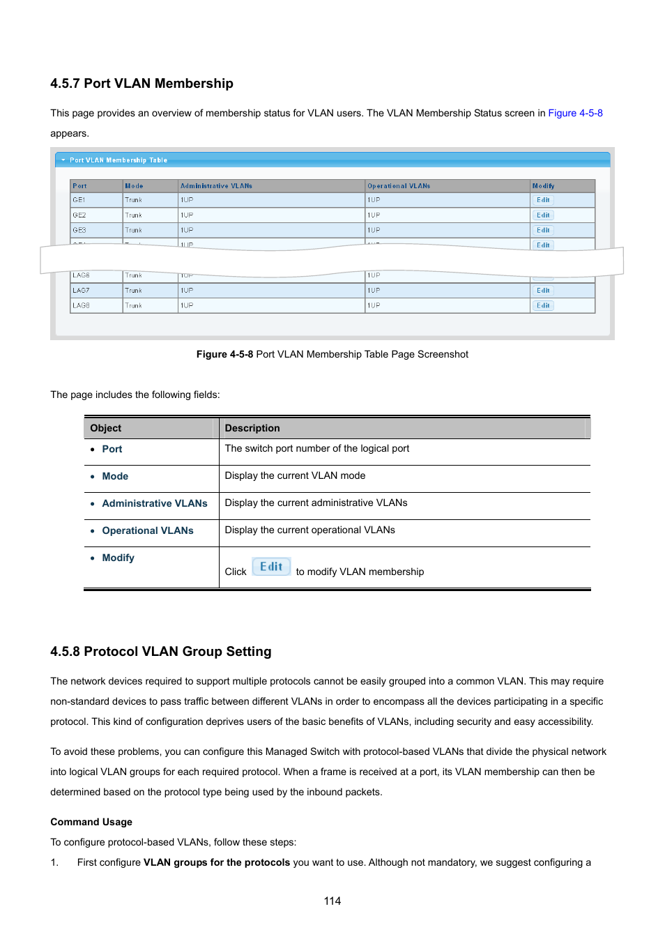 7 port vlan membership, 8 protocol vlan group setting | PLANET GS-4210-8P2T2S User Manual | Page 114 / 331