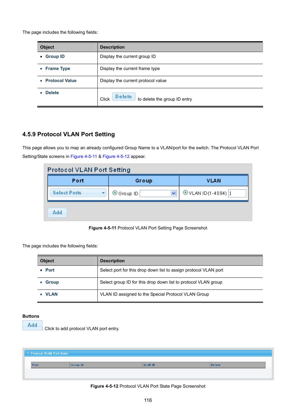 9 protocol vlan port setting | PLANET GS-4210-8P2T2S User Manual | Page 116 / 331