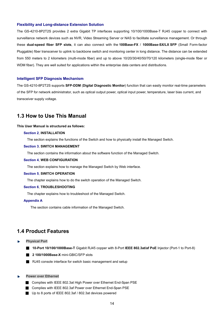 3 how to use this manual, 4 product features | PLANET GS-4210-8P2T2S User Manual | Page 14 / 331