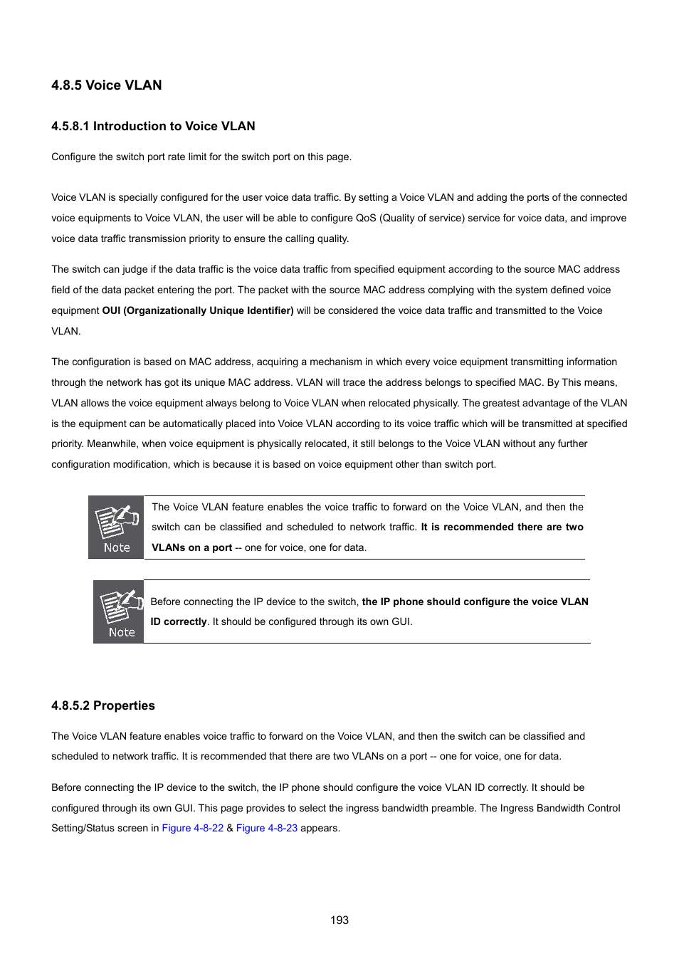 5 voice vlan, 1 introduction to voice vlan, 2 properties | PLANET GS-4210-8P2T2S User Manual | Page 193 / 331