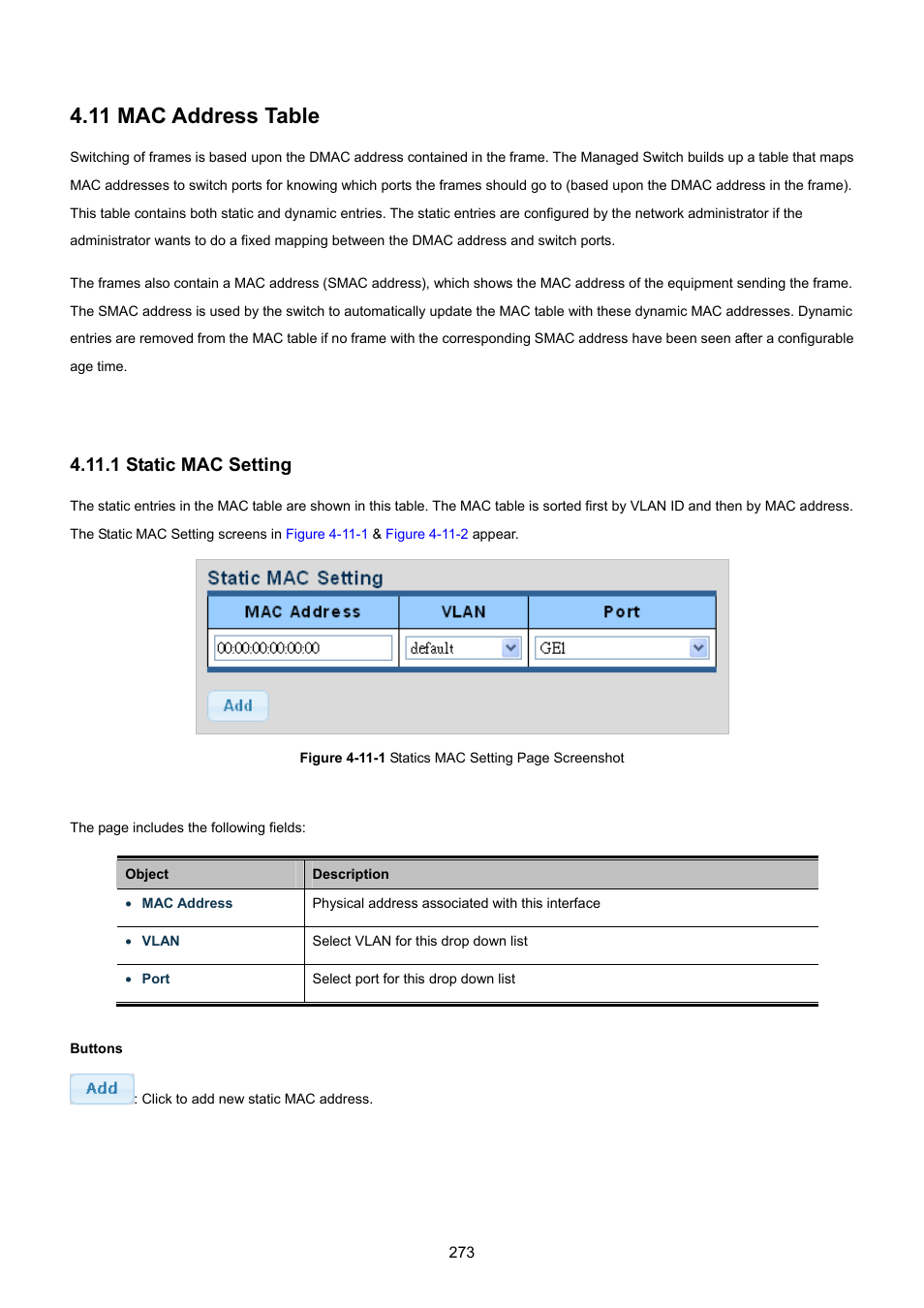 11 mac address table, 1 static mac setting | PLANET GS-4210-8P2T2S User Manual | Page 273 / 331
