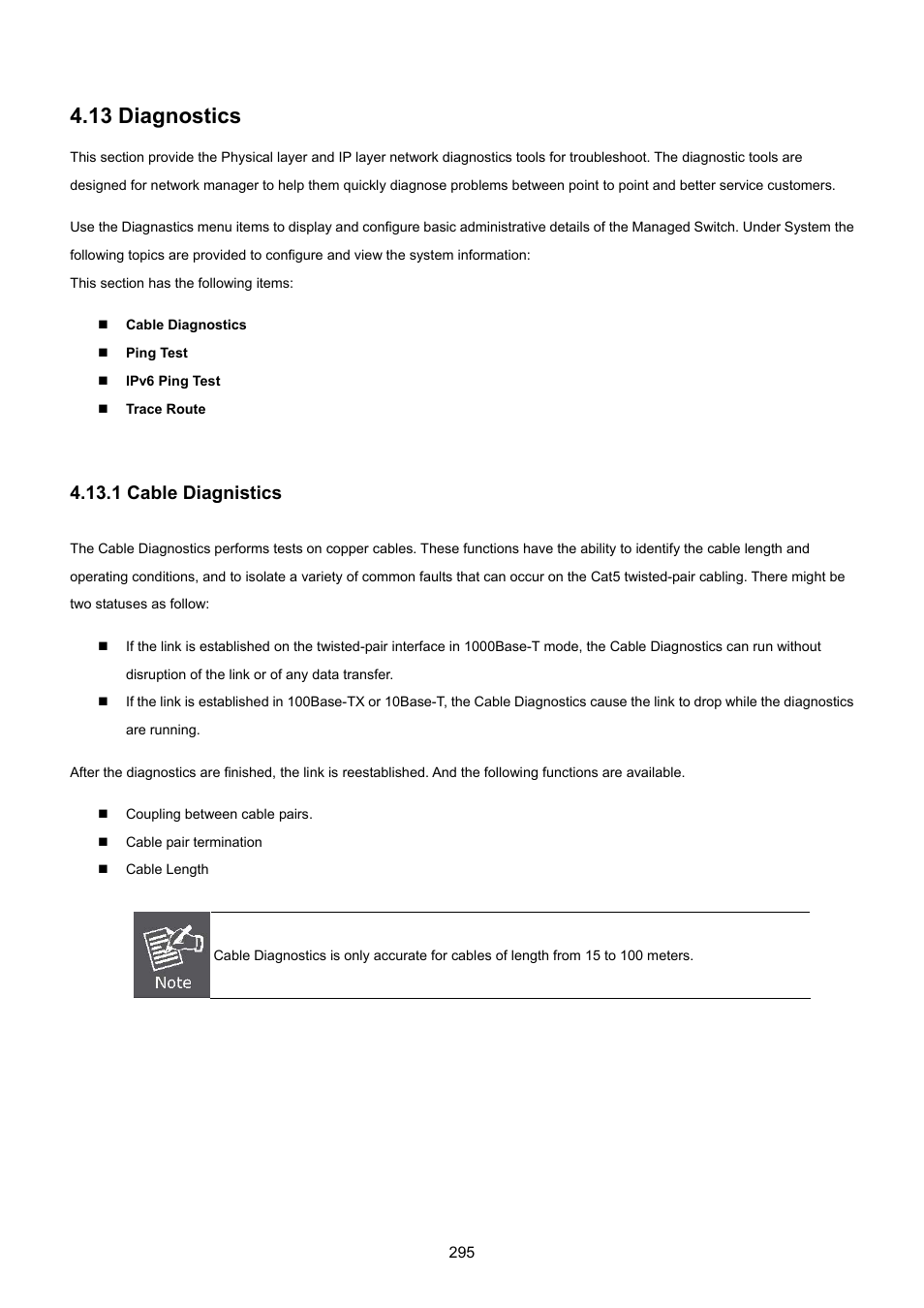 13 diagnostics, 1 cable diagnistics | PLANET GS-4210-8P2T2S User Manual | Page 295 / 331