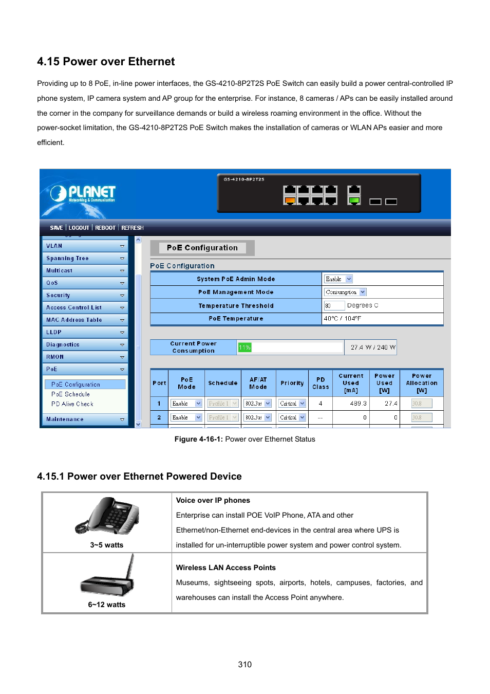 15 power over ethernet, 1 power over ethernet powered device | PLANET GS-4210-8P2T2S User Manual | Page 310 / 331