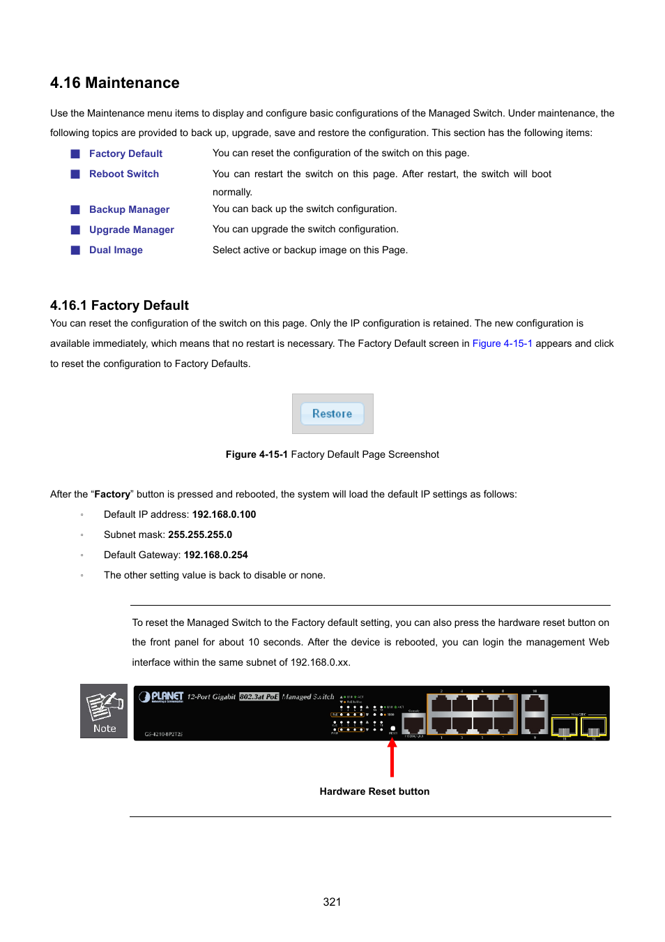 16 maintenance, 1 factory default | PLANET GS-4210-8P2T2S User Manual | Page 321 / 331