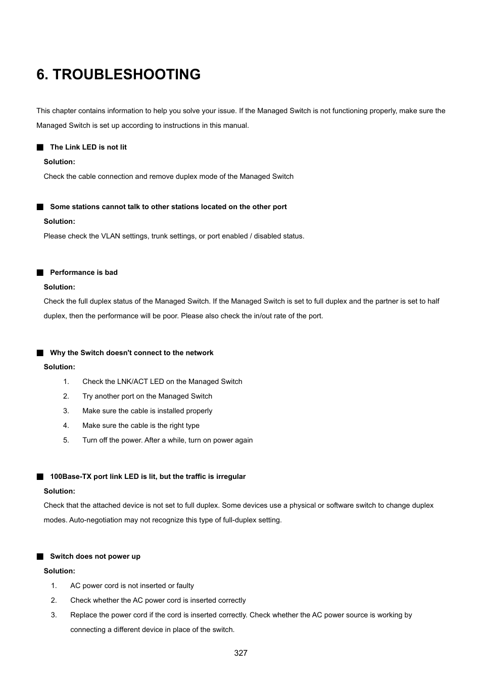 Troubleshooting | PLANET GS-4210-8P2T2S User Manual | Page 327 / 331