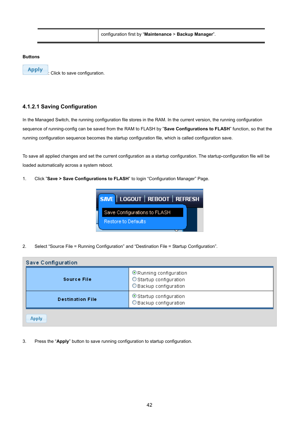 1 saving configuration | PLANET GS-4210-8P2T2S User Manual | Page 42 / 331